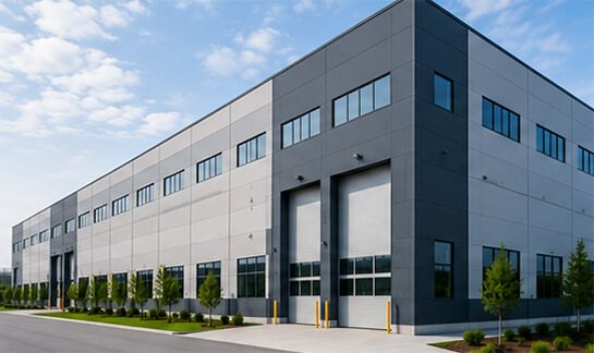 Modern commercial and industrial building with warehouse loading bays representing facilities served by Empire Airflow.