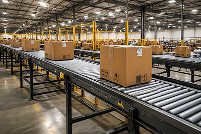 Distribution center with conveyor systems, palletized inventory, and industrial work areas representing facilities that benefit from HVLS fans and LED lighting upgrades.