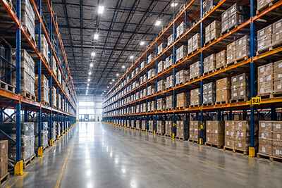Logistics center with conveyor systems, warehouse storage, and shipping operations representing industrial facilities served by Empire Airflow.